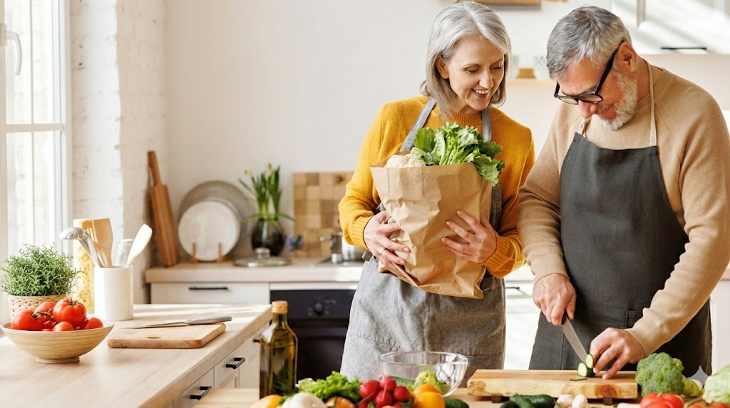 Couple preparing healthy food in kitchen
